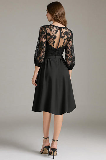 Dentelle noire Une ligne Robe de cocktail courte à col rond avec manches